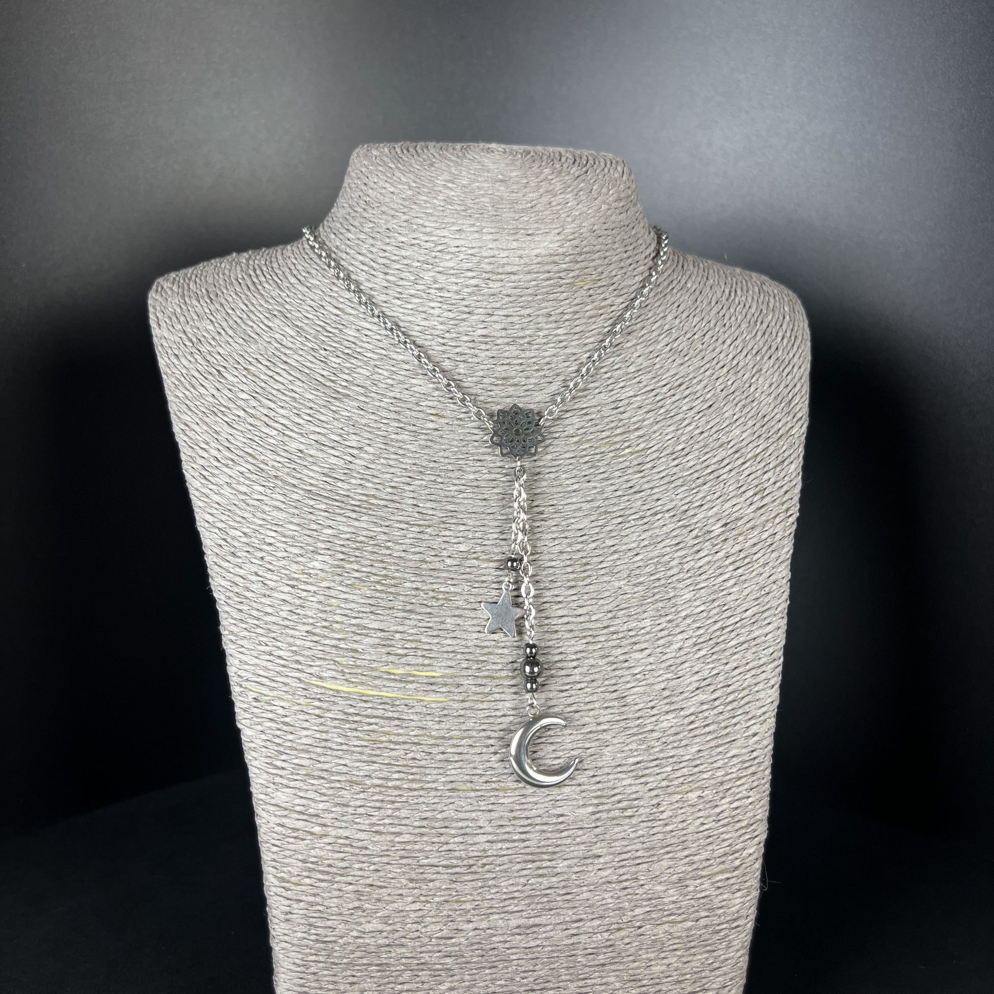 Celestial crescent Moon Y necklace, stainless steel and hematite Baguette Magick