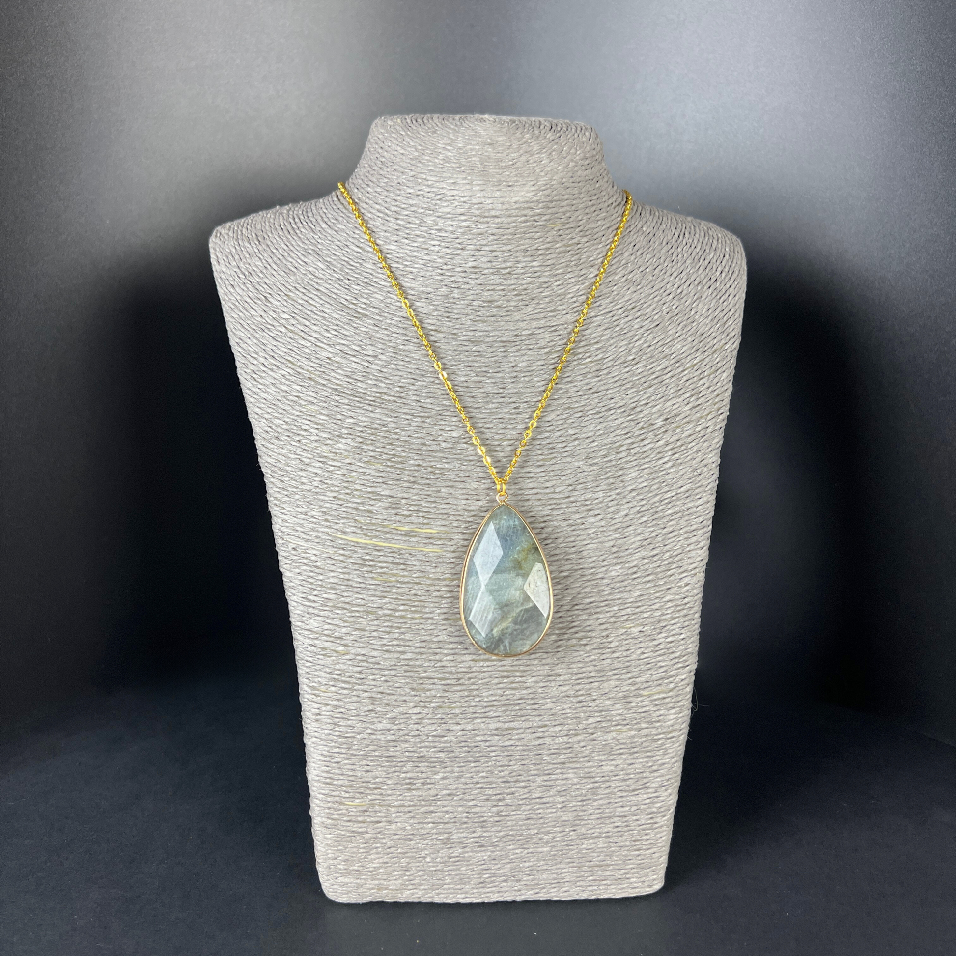 Labradorite necklace with a big faceted pendant golden tone Baguette Magick