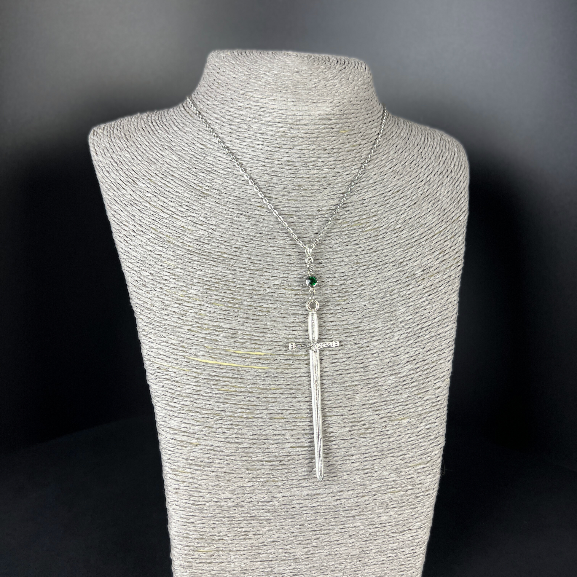 Excalibur sword medieval fantasy necklace, with green rhinestone Baguette Magick