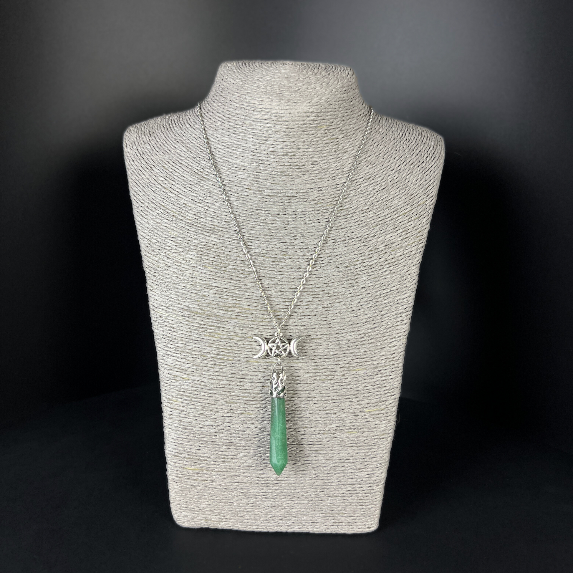 Aventurine and pentacle triple Moon pagan pendulum necklace Baguette Magick