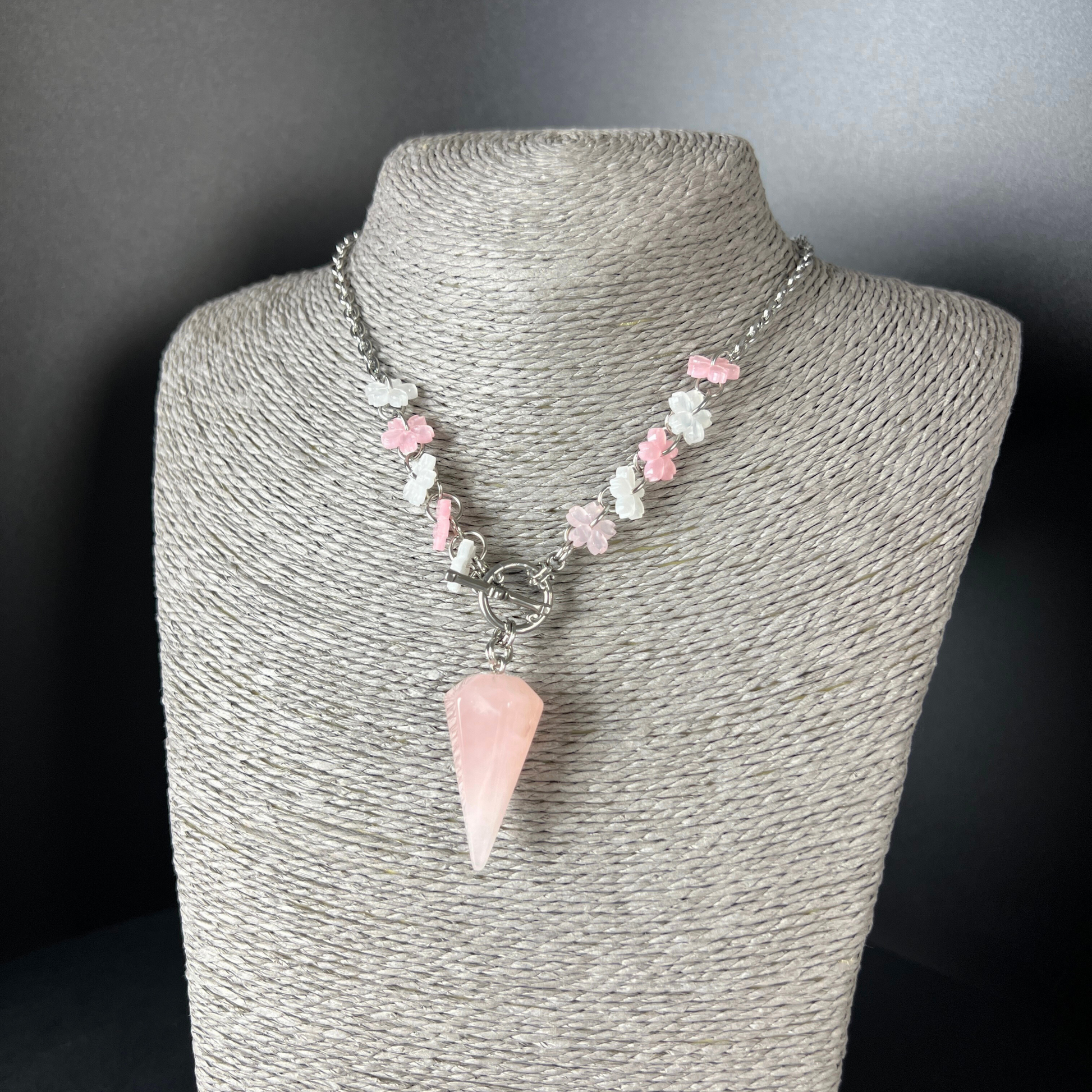 Sakura Rose Quartz pendulum necklace, stainless steel Baguette Magick