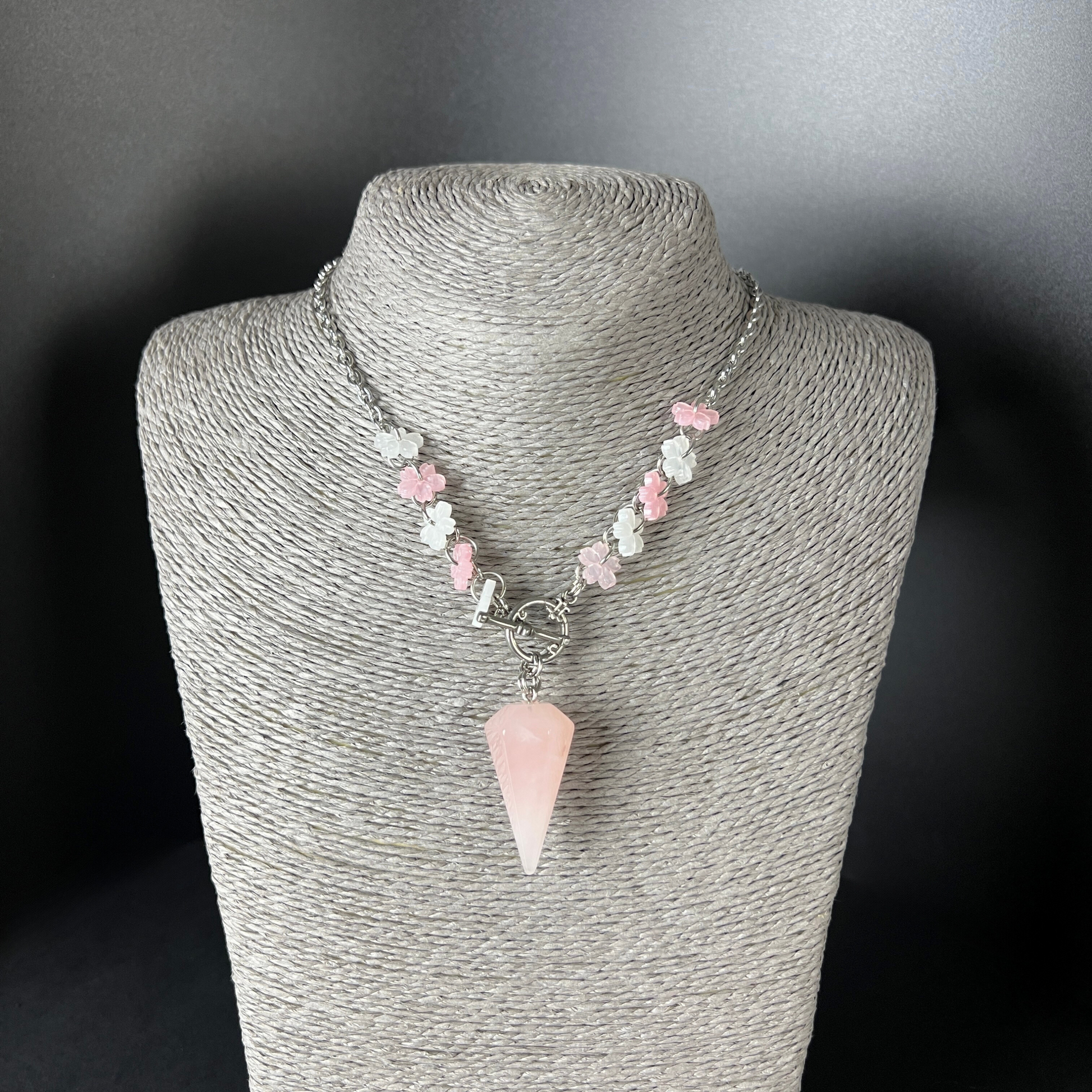 Sakura Rose Quartz pendulum necklace, stainless steel Baguette Magick