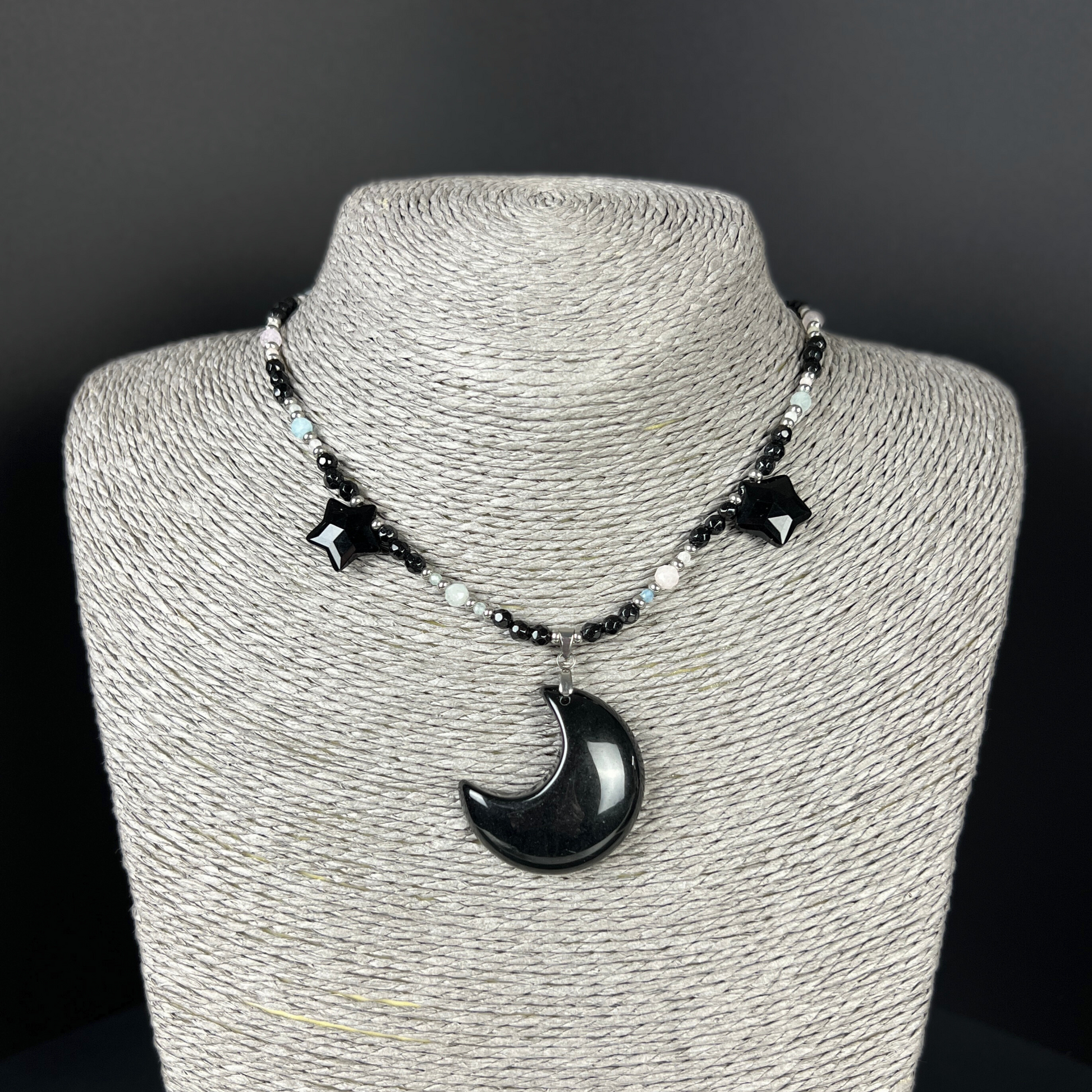 Obsidian moon and stars, morganite and onyx stainless steel Night queen necklace Baguette Magick