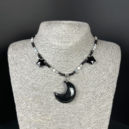 Obsidian moon and stars, morganite and onyx stainless steel Night queen necklace