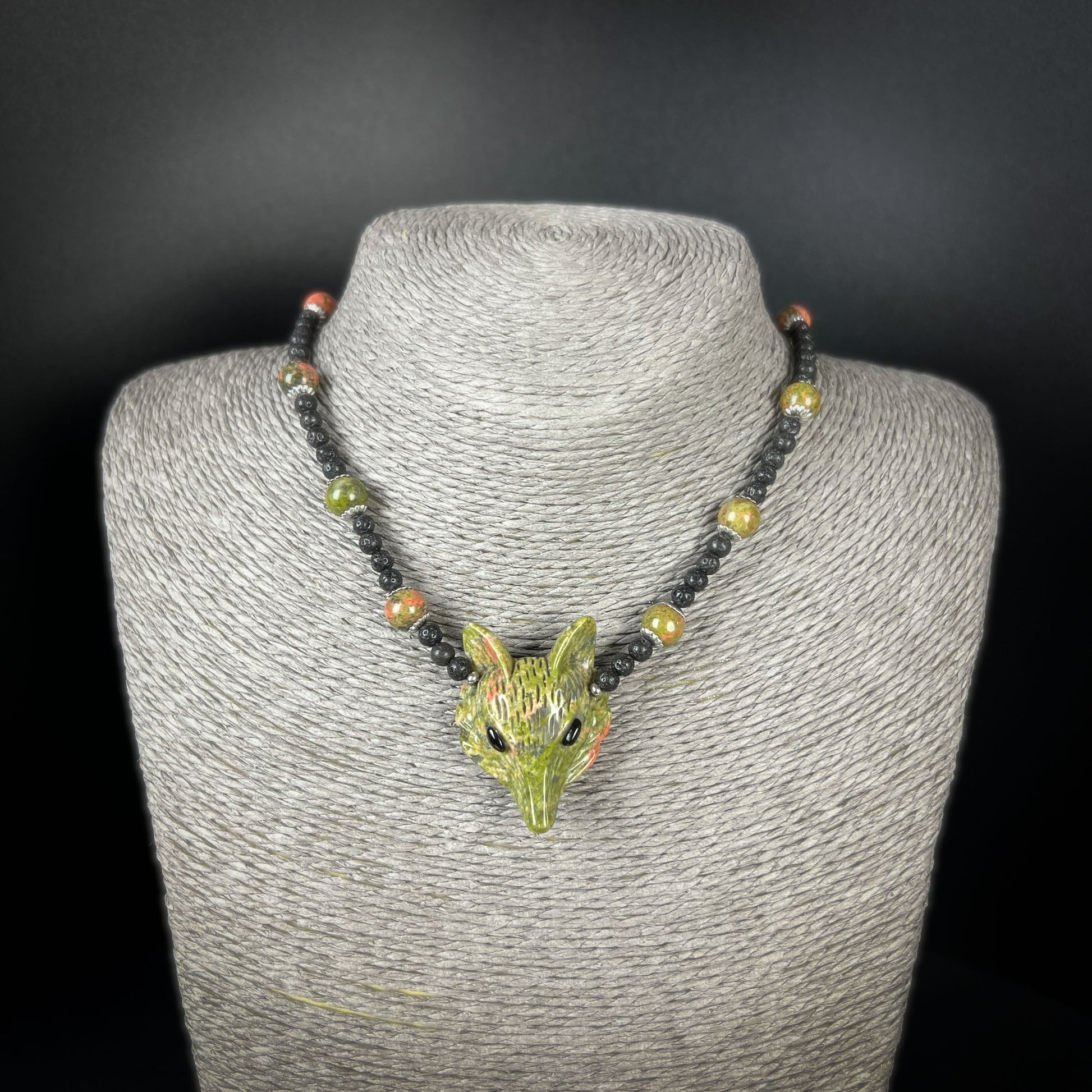 Unakite fox, lava rock and stainless steel forest witch necklace Baguette Magick