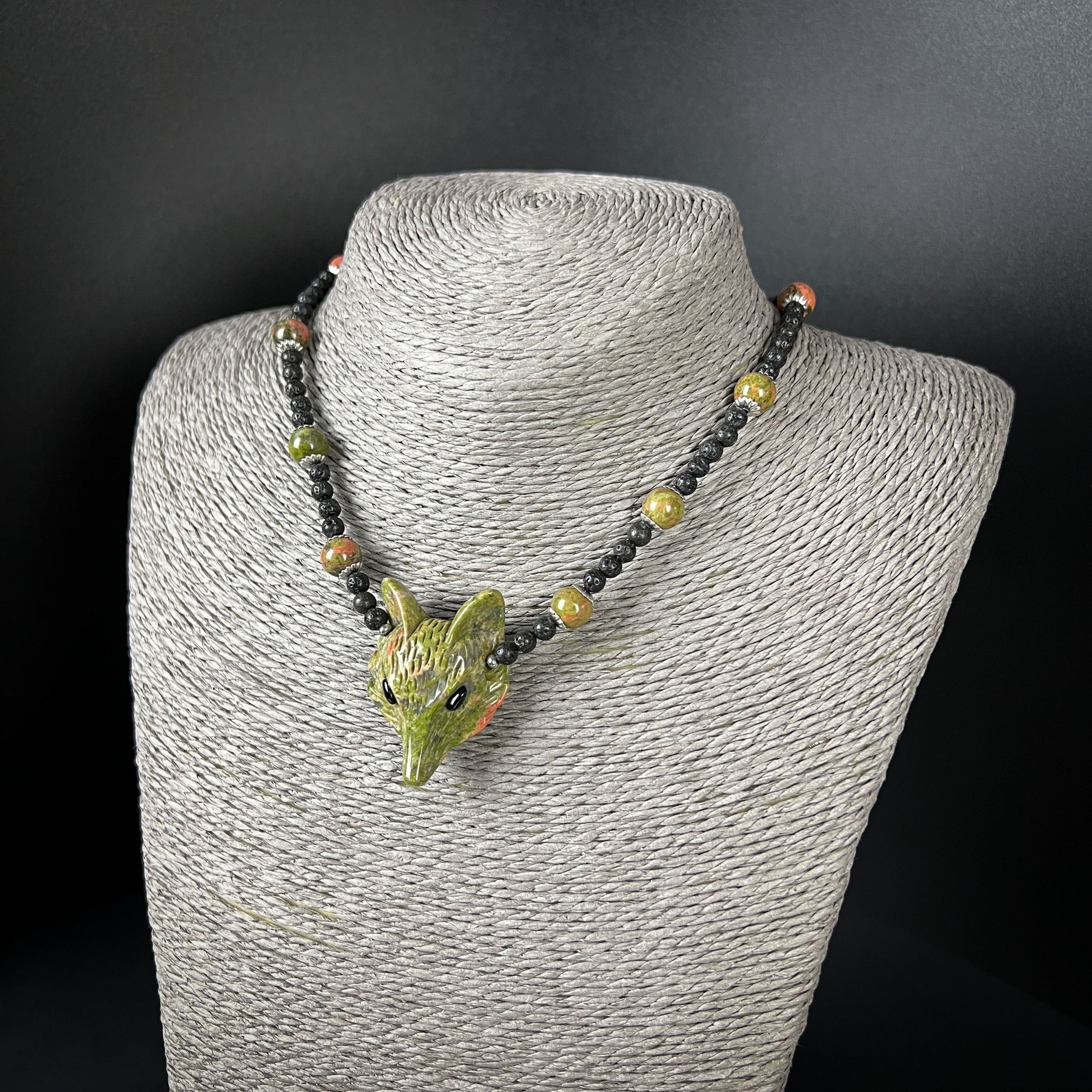 Unakite fox, lava rock and stainless steel forest witch necklace Baguette Magick