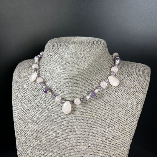 Rose quartz, amethyst and stainless steel Versailles princess choker