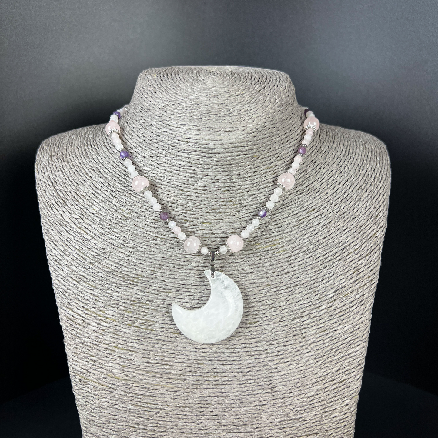 Quartz moon, rose quartz, amethyst, stainless steel Fairy queen necklace Baguette Magick