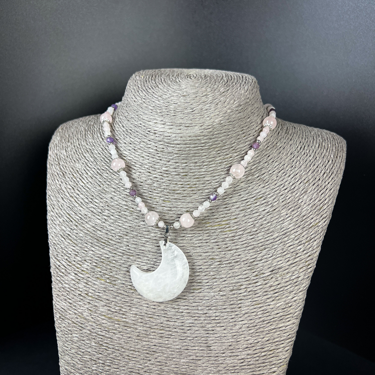 Quartz moon, rose quartz, amethyst, stainless steel Fairy queen necklace Baguette Magick