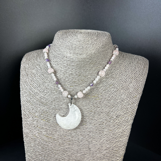 Quartz moon, rose quartz, amethyst, stainless steel Fairy queen necklace