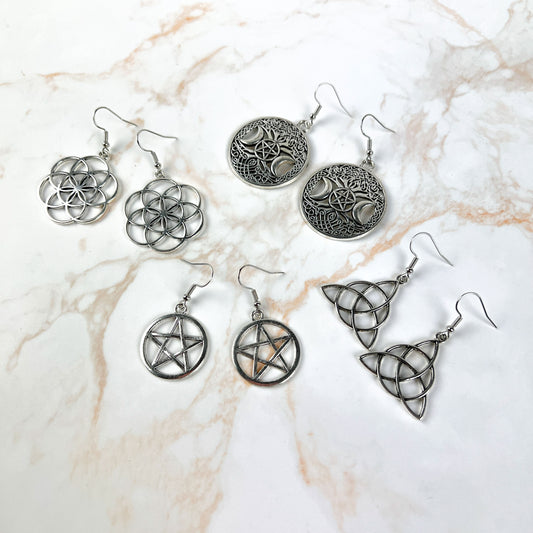 Spiritual earrings bundle: Triquetra, Pentacle, Triple Moon and Flower of life Baguette Magick