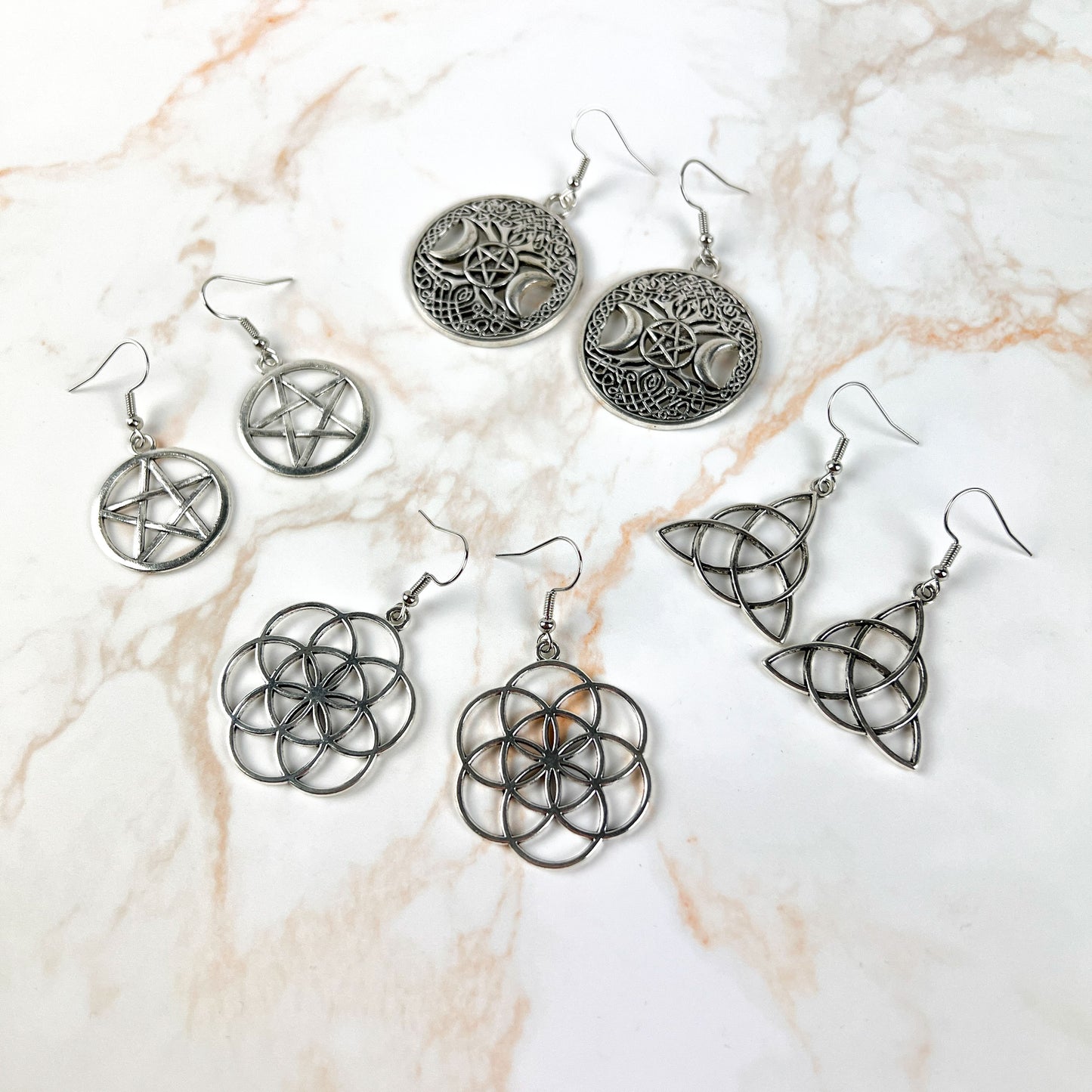 Spiritual earrings bundle: Triquetra, Pentacle, Triple Moon and Flower of life Baguette Magick