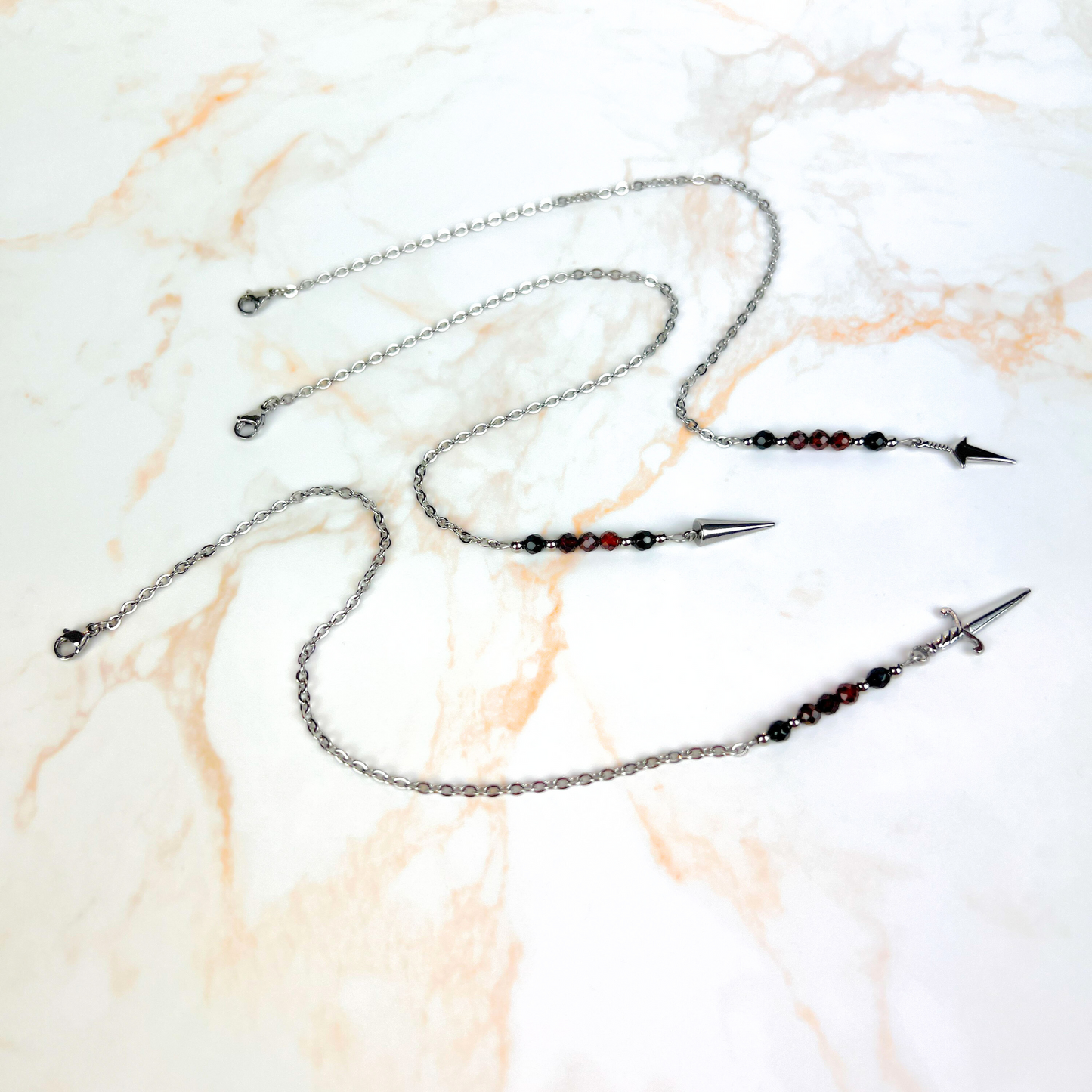 Pendulum chain, Onyx and Garnet, Kunai, Dagger, Spike, stainless steel