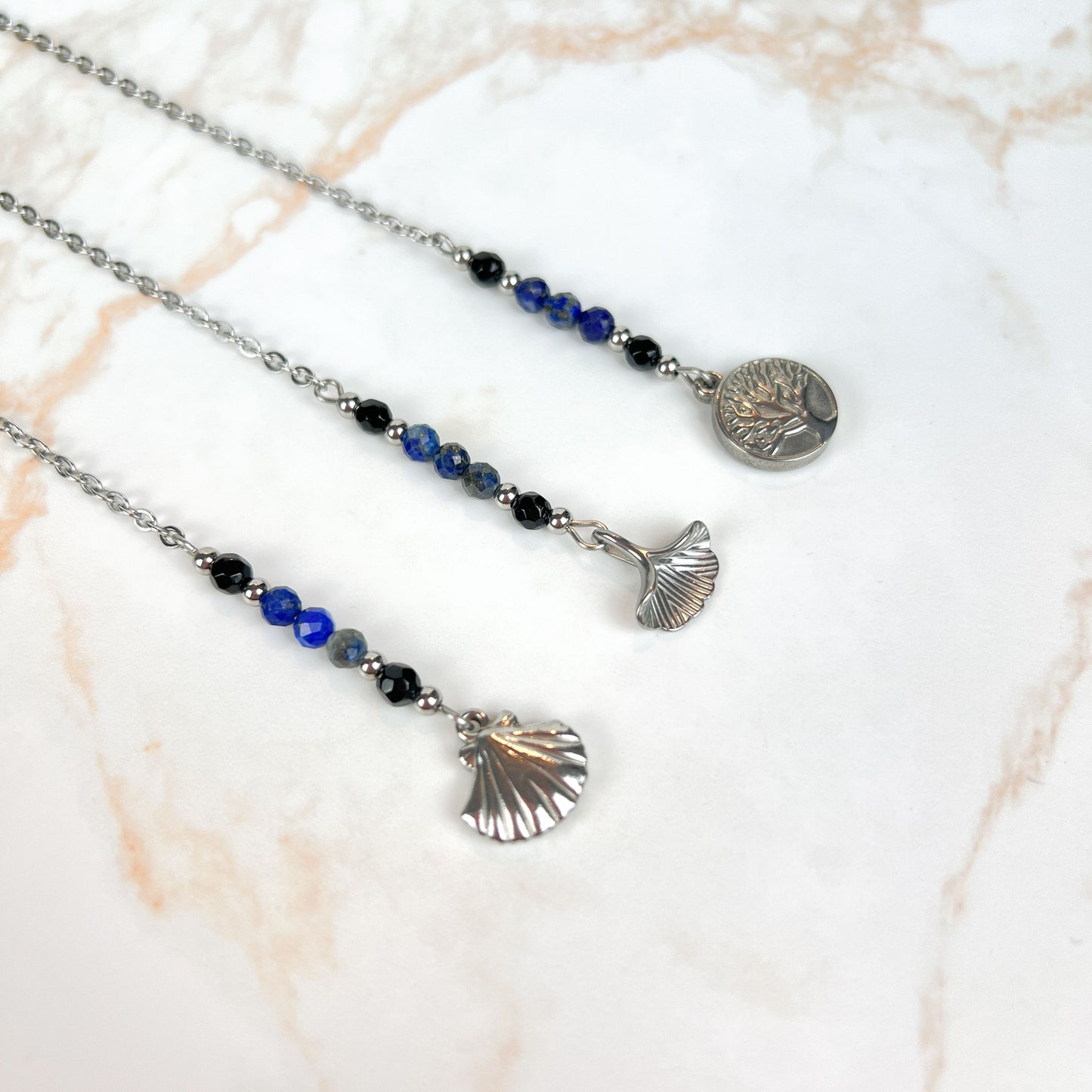 Pendulum chain, Onyx and Lapis Lazuli, Ginko leaf, Tree of life, Scallop shell, stainless steel