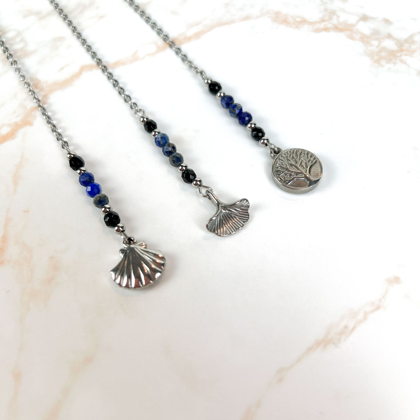 Pendulum chain, Onyx and Lapis Lazuli, Ginko leaf, Tree of life, Scallop shell, stainless steel