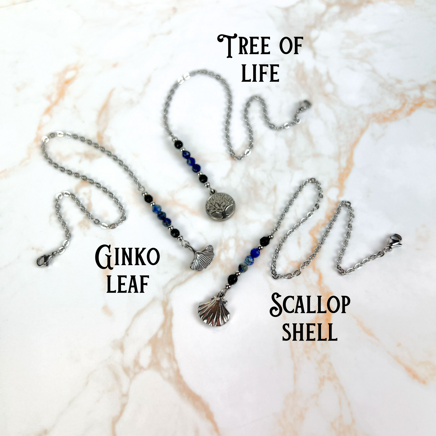 Pendulum chain, Onyx and Lapis Lazuli, Ginko leaf, Tree of life, Scallop shell, stainless steel