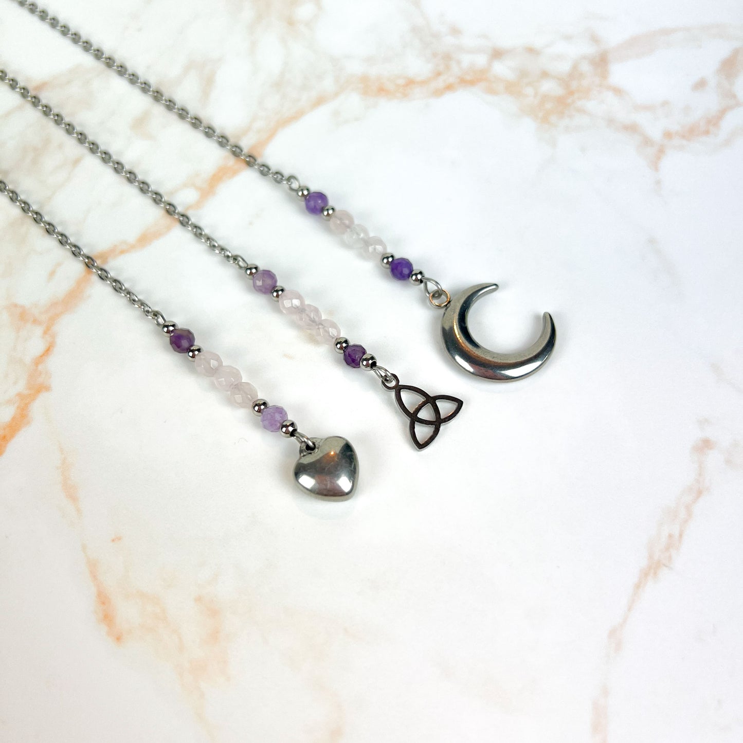 Pendulum chain, Rose quartz and Amethyst, Triquetra, Moon or Heart, stainless steel