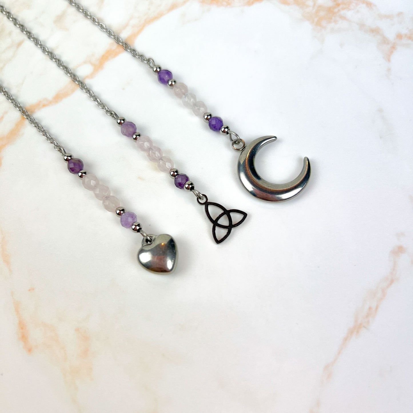 Pendulum chain, Rose quartz and Amethyst, Triquetra, Moon or Heart, stainless steel