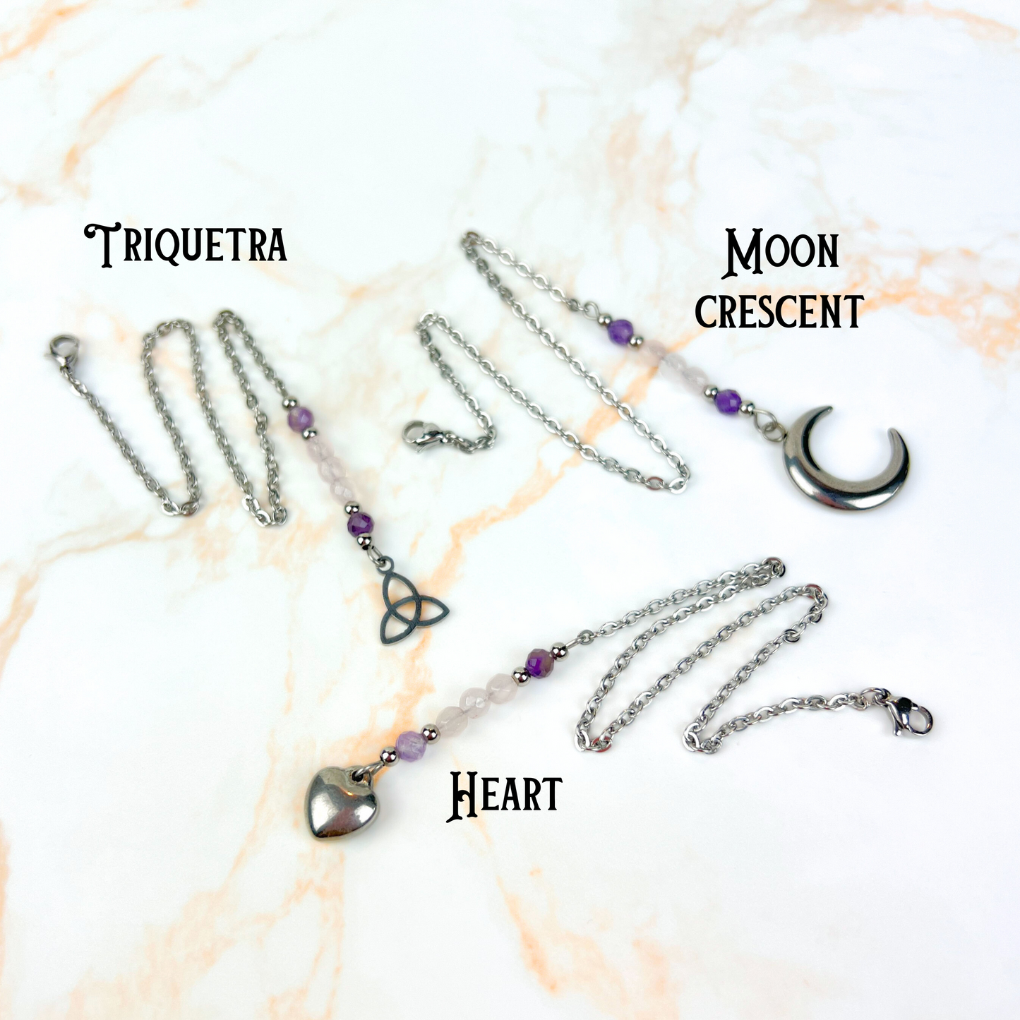 Pendulum chain, Rose quartz and Amethyst, Triquetra, Moon or Heart, stainless steel