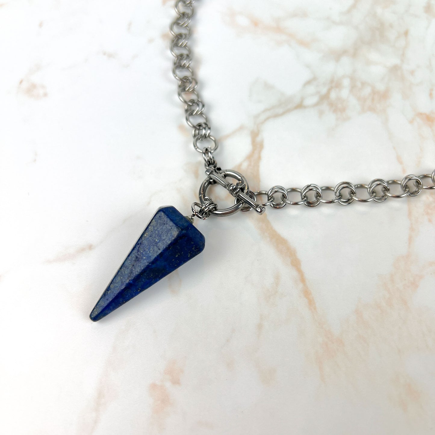 Lapis lazuli divination pendulum necklace, stainless steel chainmail Baguette Magick