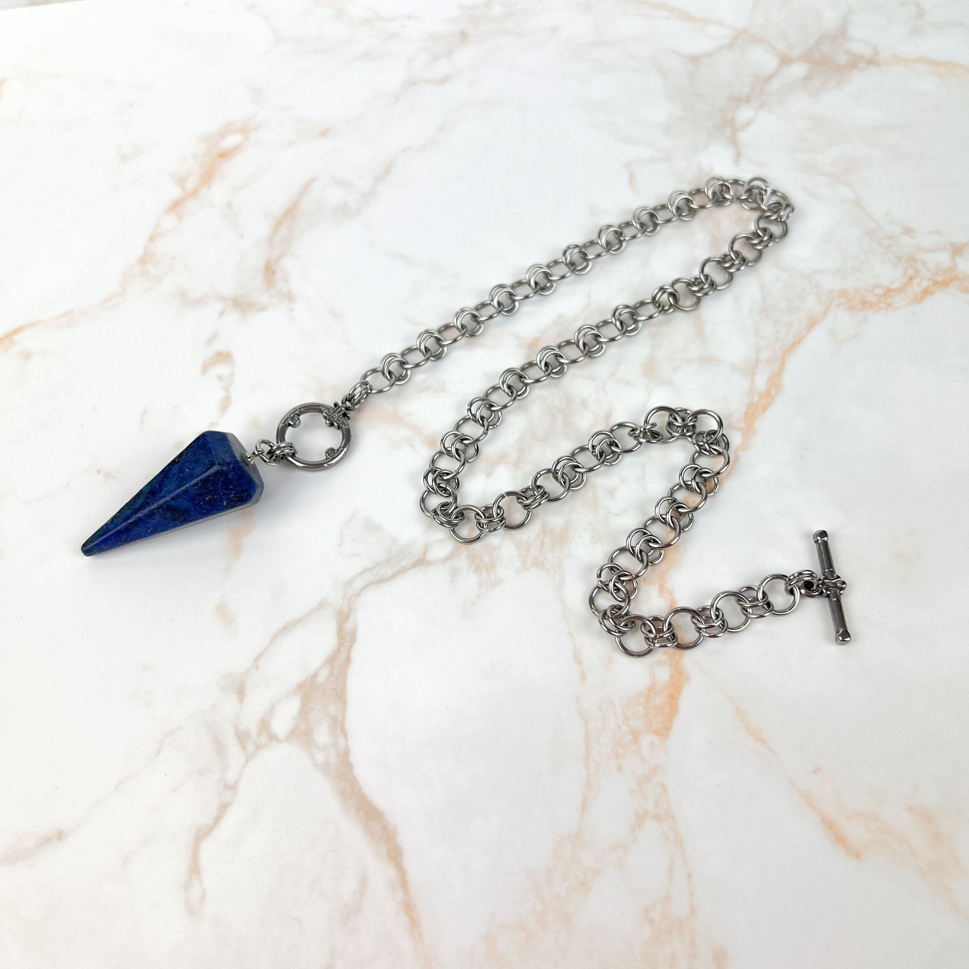 Lapis lazuli divination pendulum necklace, stainless steel chainmail Baguette Magick