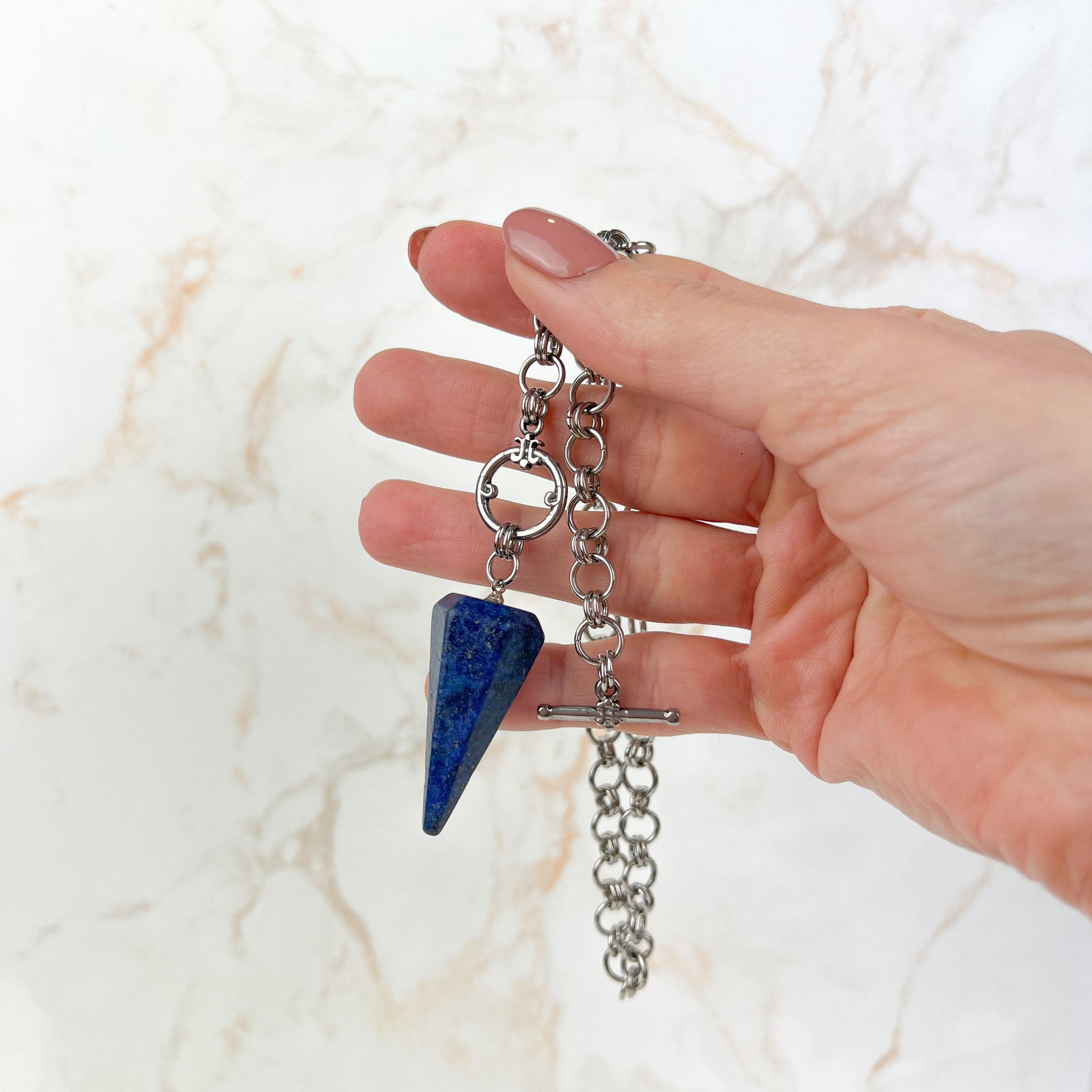 Lapis lazuli divination pendulum necklace, stainless steel chainmail Baguette Magick