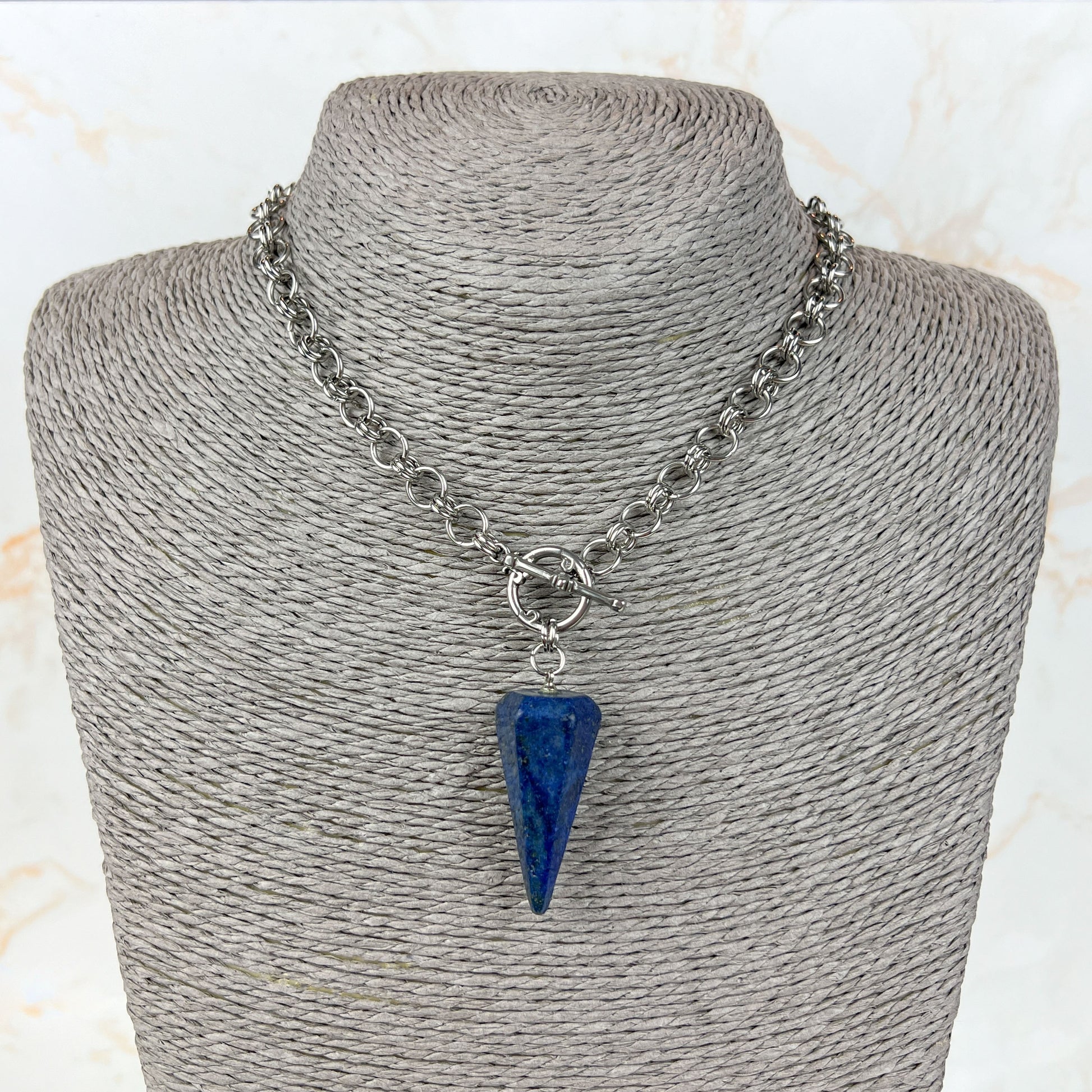 Lapis lazuli divination pendulum necklace, stainless steel chainmail Baguette Magick