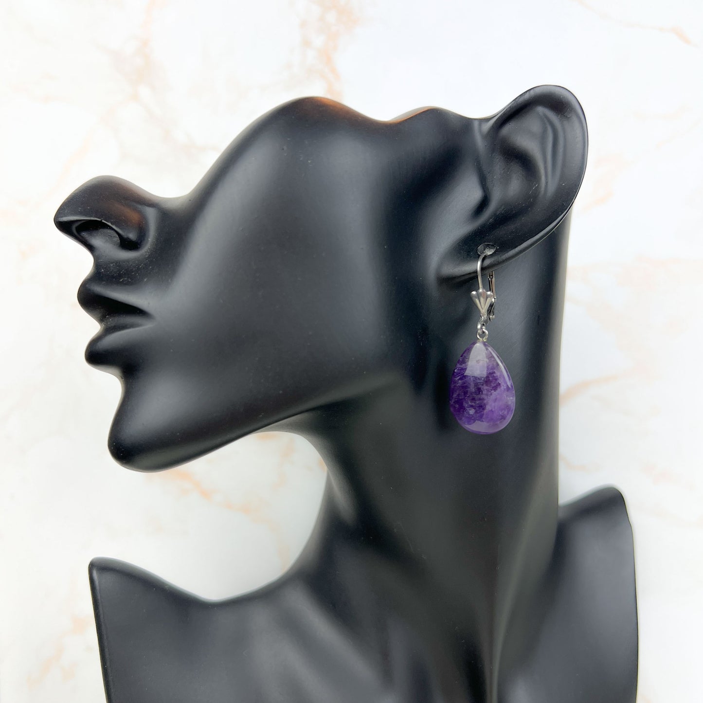 Amethyst or Larvikite art deco teardrop earrings, stainless steel Baguette Magick