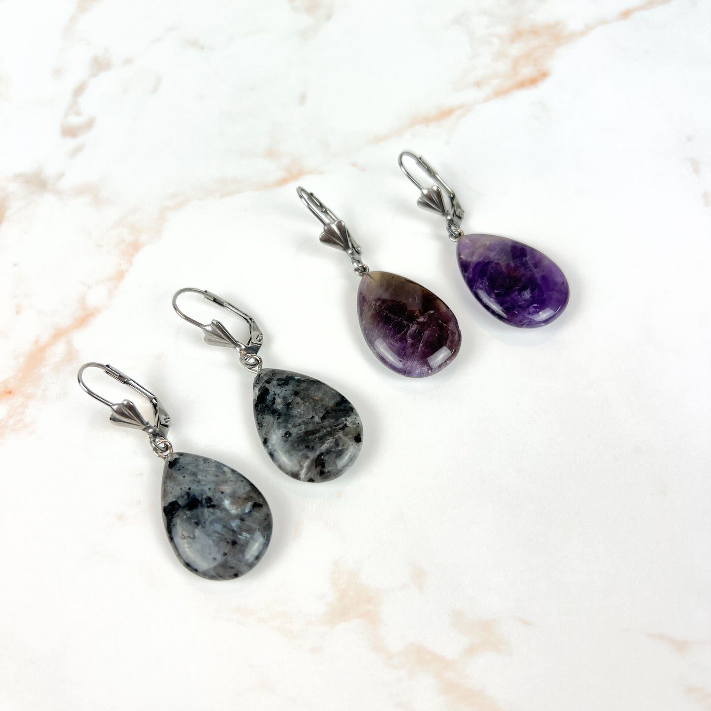 Amethyst or Larvikite art deco teardrop earrings, stainless steel Baguette Magick