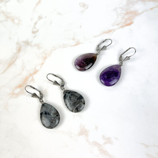 Amethyst or Larvikite art deco teardrop earrings, stainless steel Baguette Magick