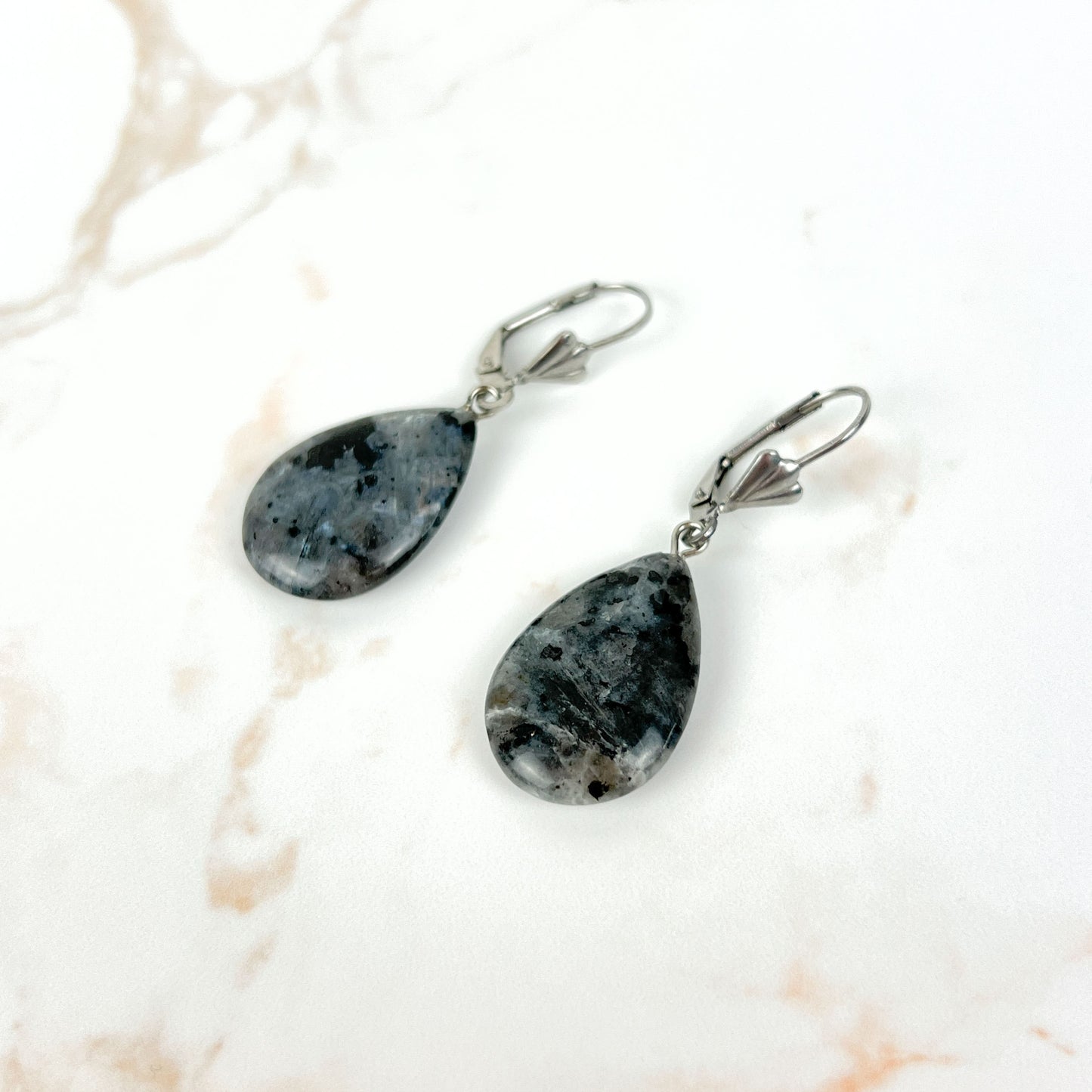 Amethyst or Larvikite art deco teardrop earrings, stainless steel Baguette Magick