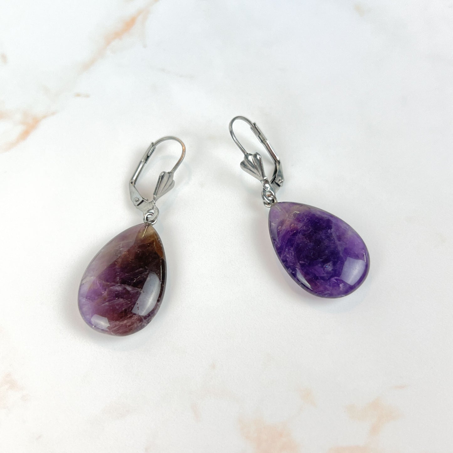 Amethyst or Larvikite art deco teardrop earrings, stainless steel Baguette Magick