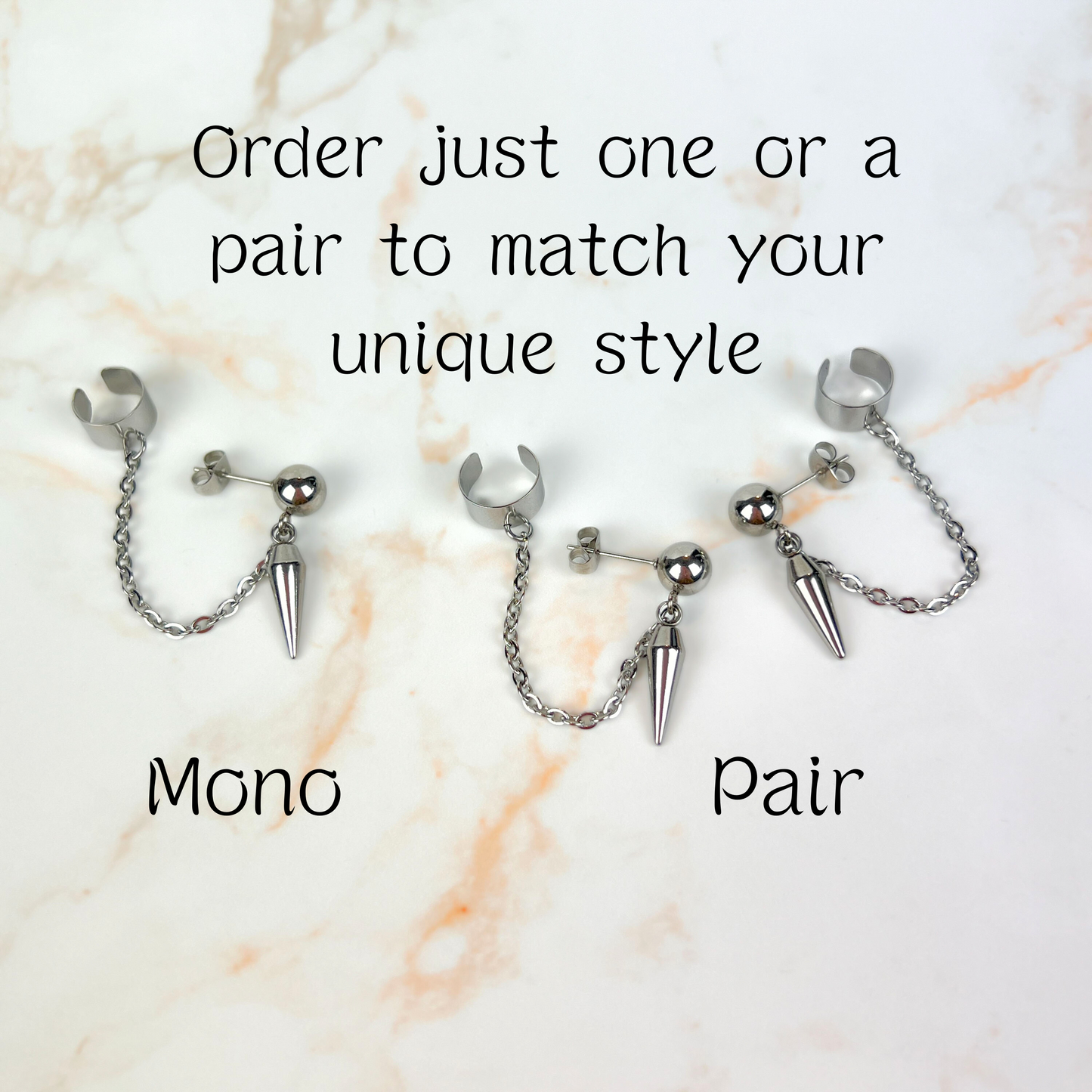 Spike, chain and cuff stud earring, mono or pair, stainless steel