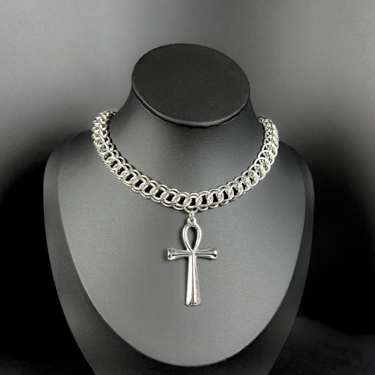 Half Persian chainmail choker with an Ankh pendant, Egyptian cross, stainless steel necklace Baguette Magick