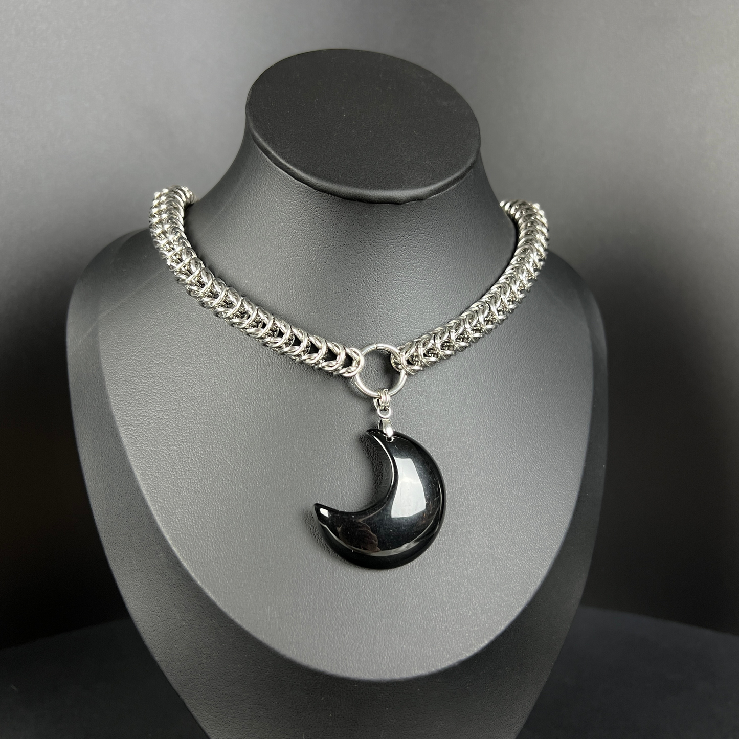 Full Persian Obsidian crescent moon chainmail necklace, stainless steel Baguette Magick