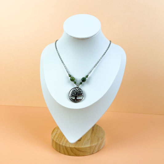 Tree of life pendant necklace, Green Jade beads and stainless steel Baguette Magick