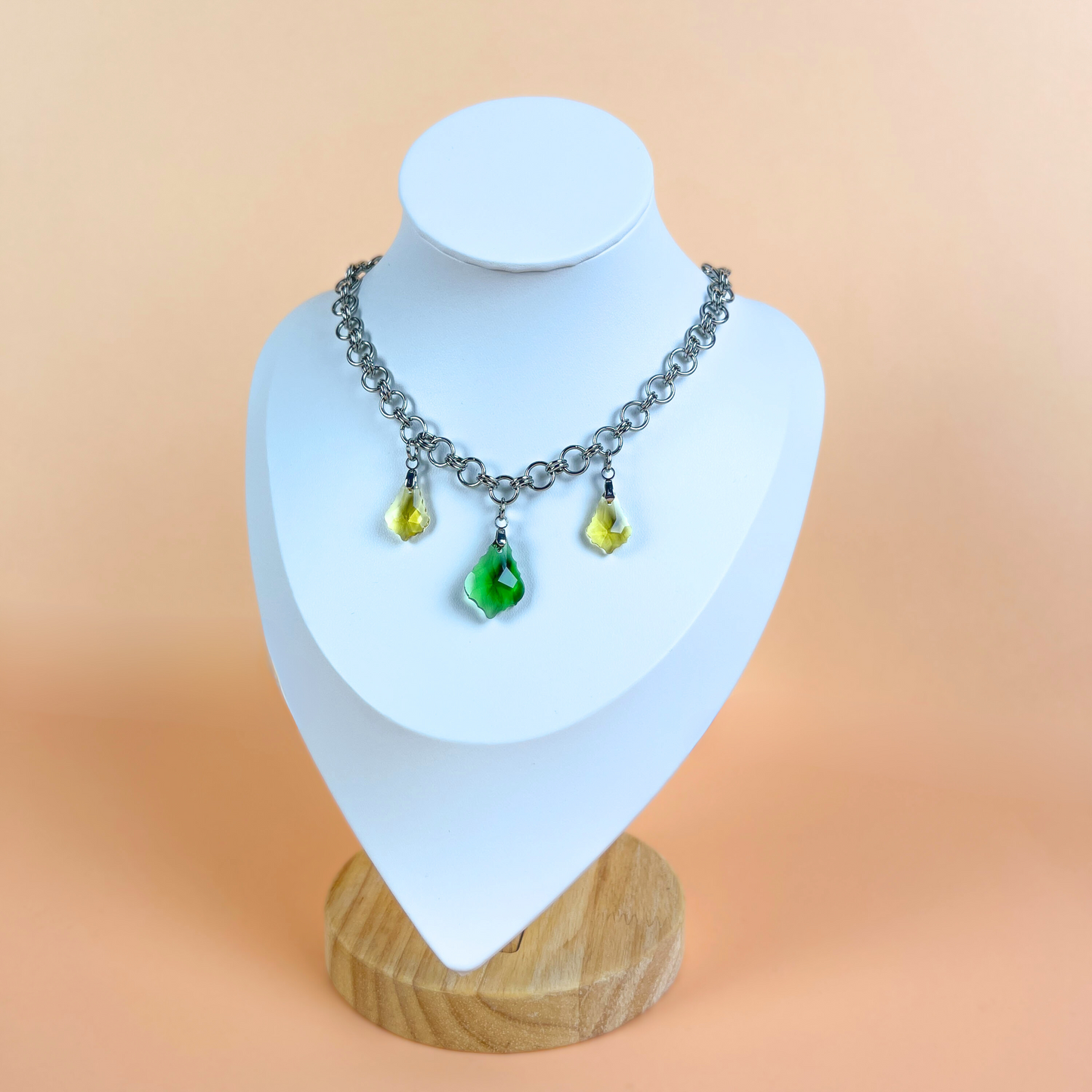 Sparkling crystal necklace, yellow and green, chainmail chain, stainless steel