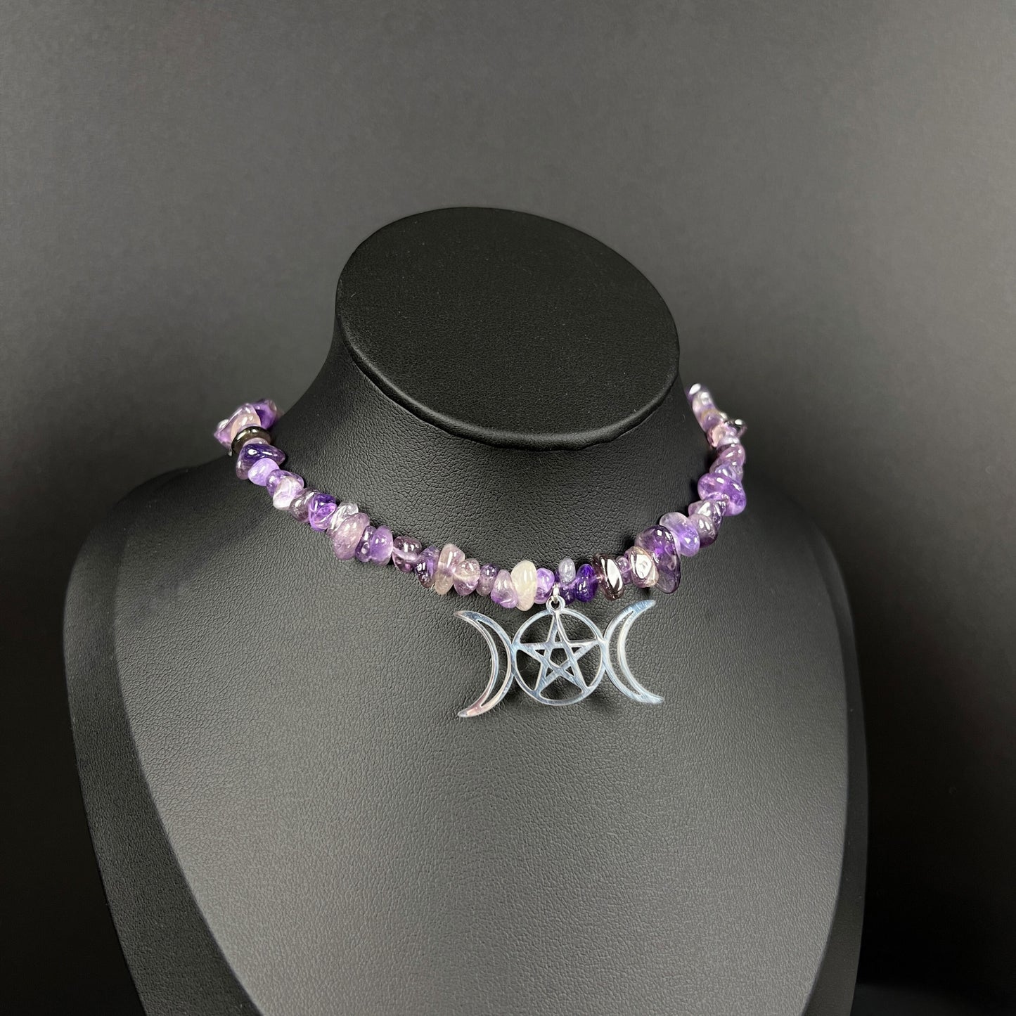 Triple Moon and pentacle raw Amethyst necklace choker, stainless steel Baguette Magick