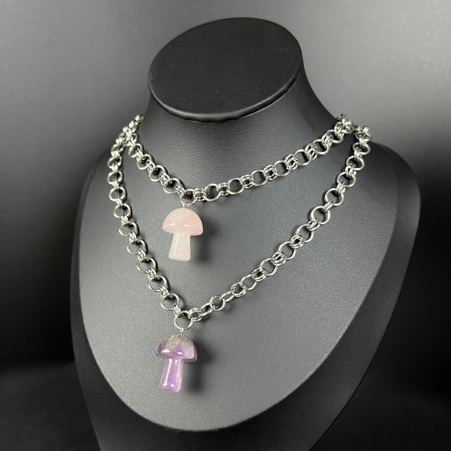 Amethyst or Rose Quartz mushroom stainless steel necklace Baguette Magick