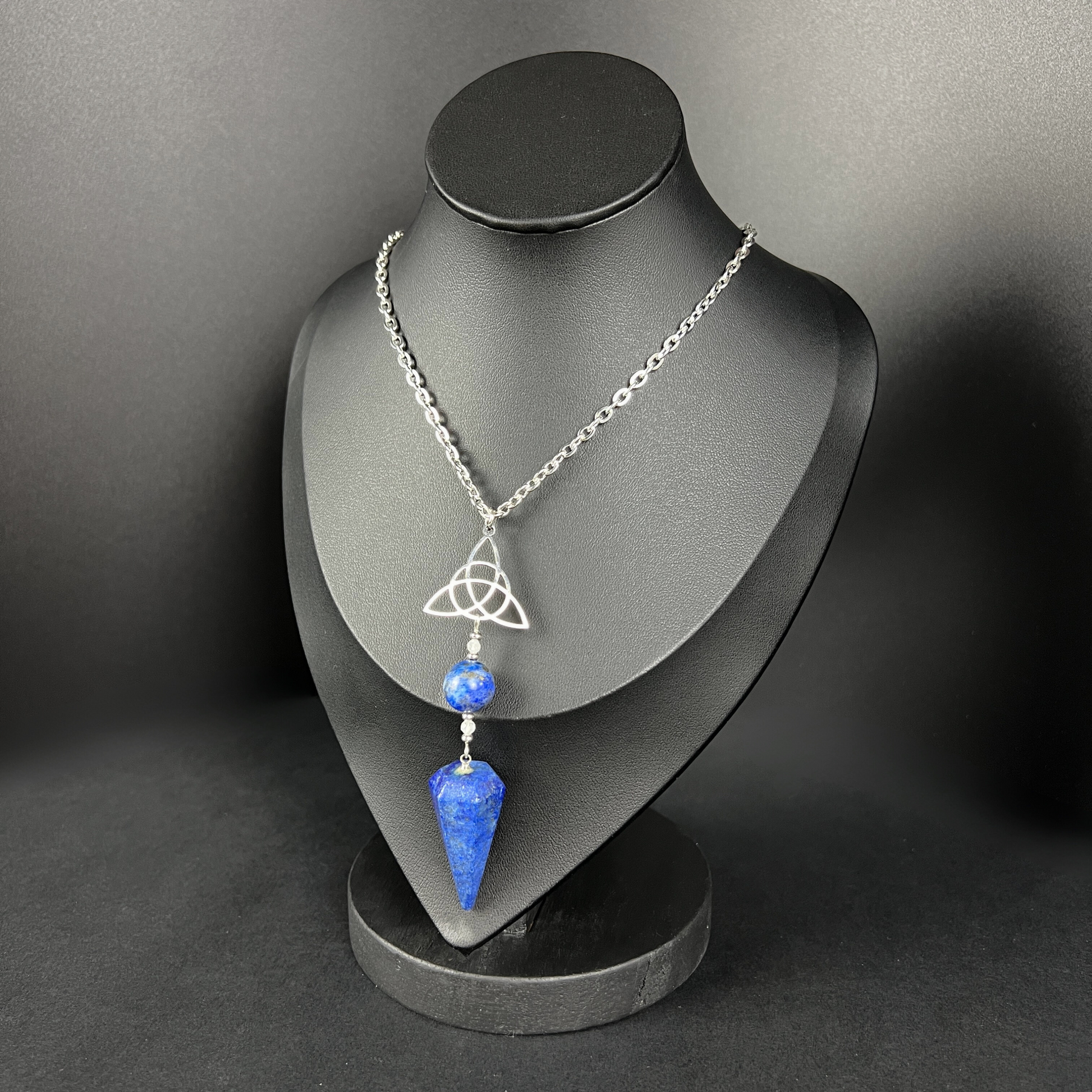 Lapis lazuli, Moonstone and triquetra Celtic knot pendulum necklace, stainless steel Baguette Magick