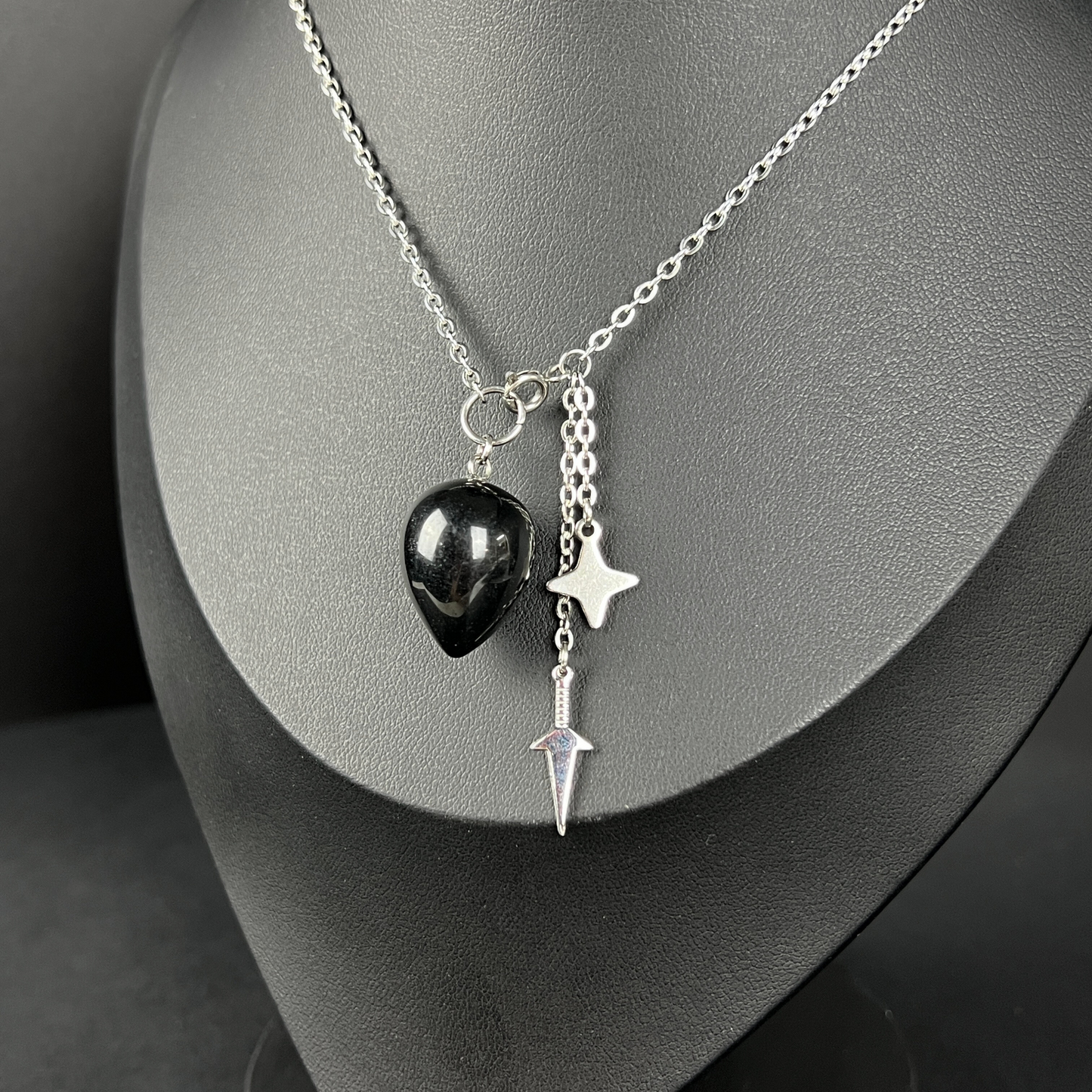 Obsidian, kunai and shuriken pendulum necklace, stainless steel Baguette Magick