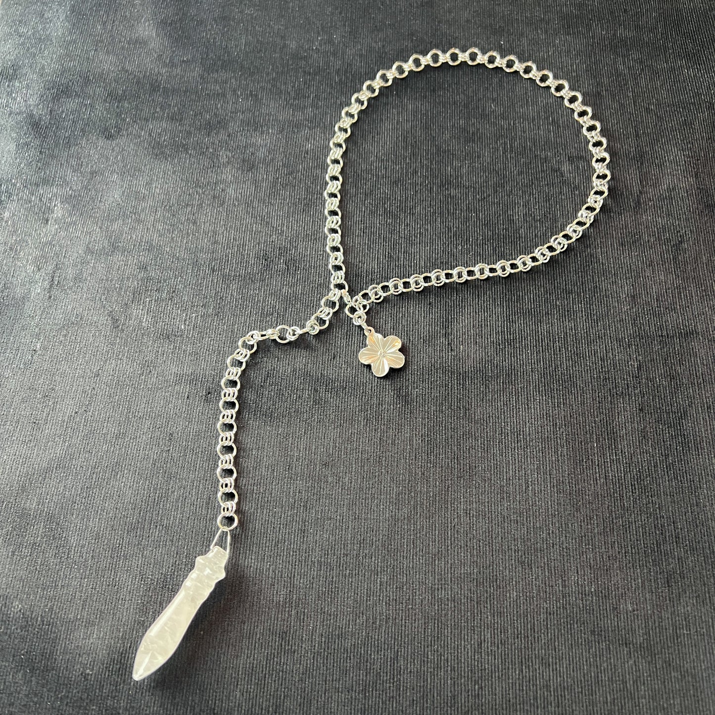 Quartz and flower Thot pendulum necklace, adjustable stainless steel chain Baguette Magick