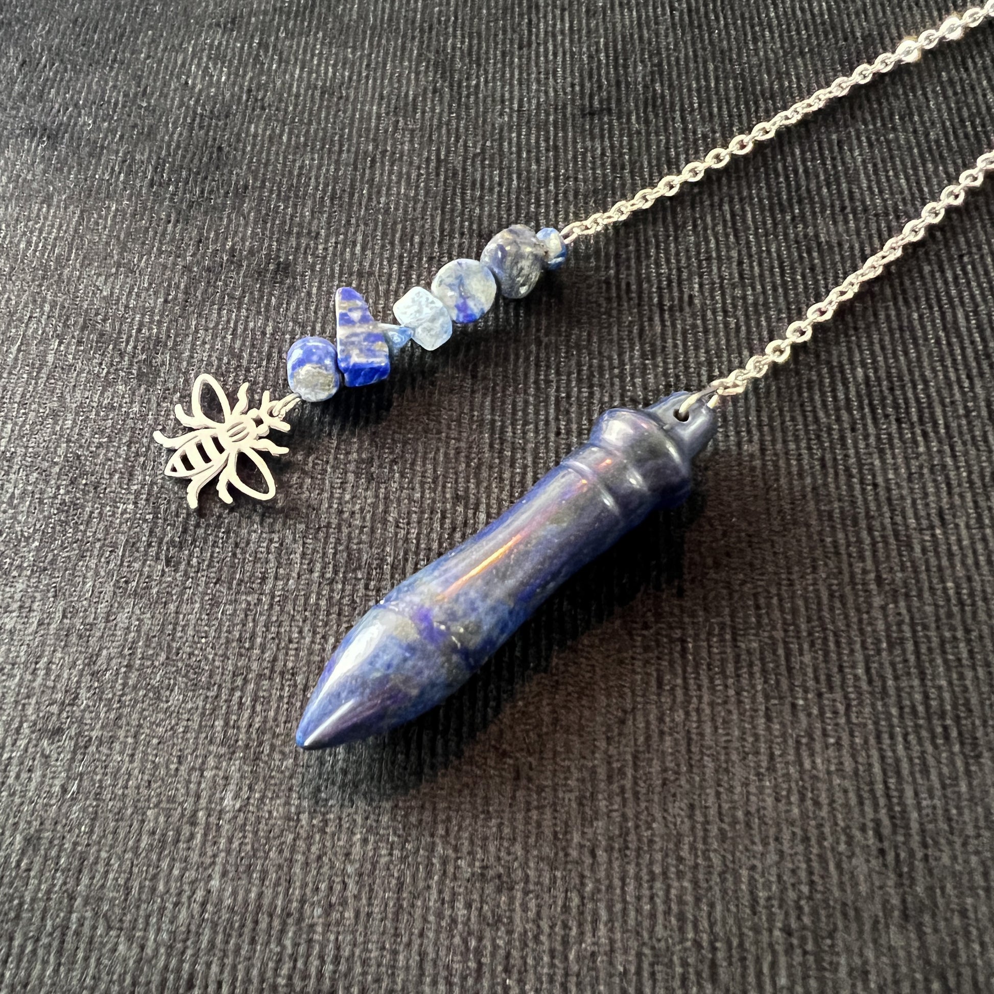 Egyptian Thot pendulum lapis lazuli and stainless steel bee charm Baguette Magick