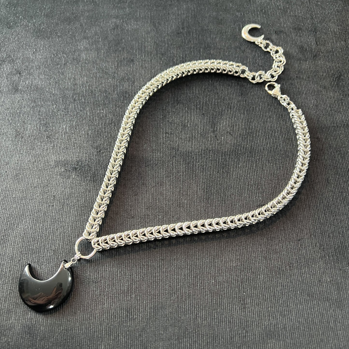 Full Persian Obsidian crescent moon chainmail necklace, stainless steel Baguette Magick