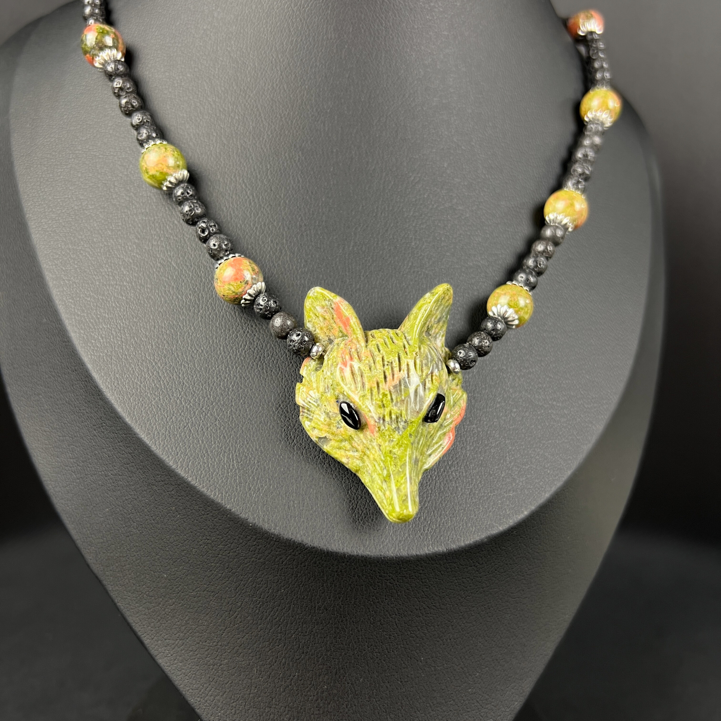 Unakite fox, lava rock and stainless steel forest witch necklace Baguette Magick