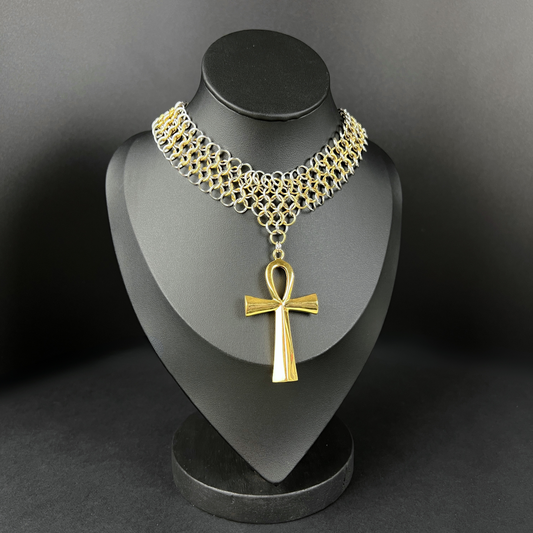 Ankh chainmail choker European 4 in 1 stainless steel and 18k gold plated necklace Baguette Magick