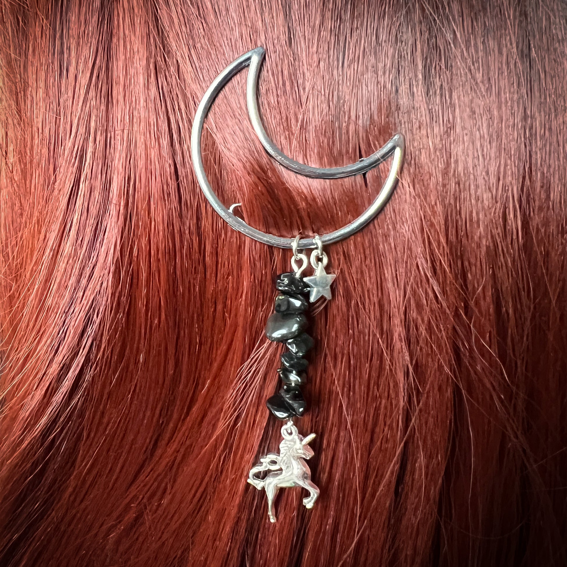 Moon crescent hair clip barrette rose quartz obsidian pearl witch hair accessory