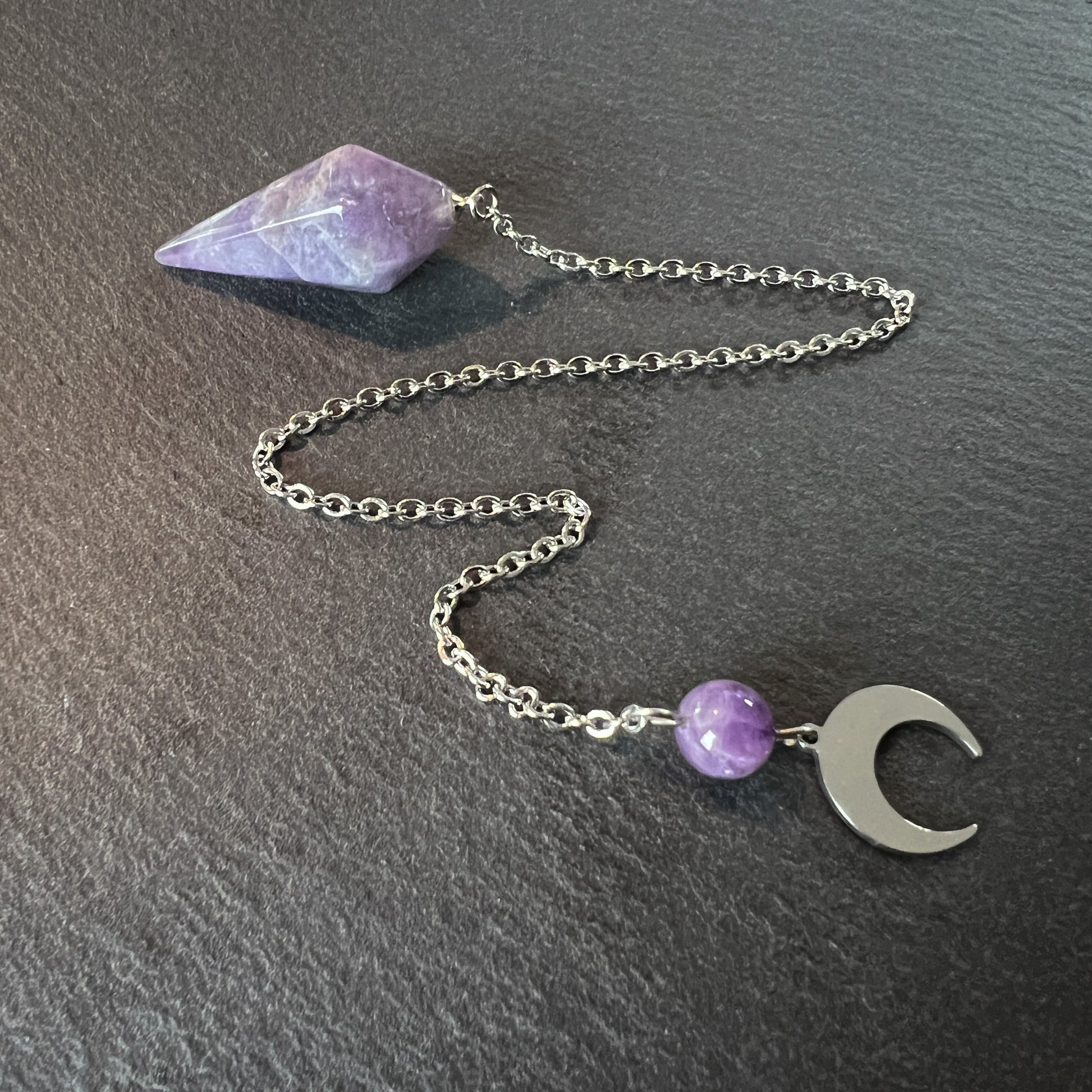 amethyst gemstone dowsing pendulum moon crescent divination witchcraft