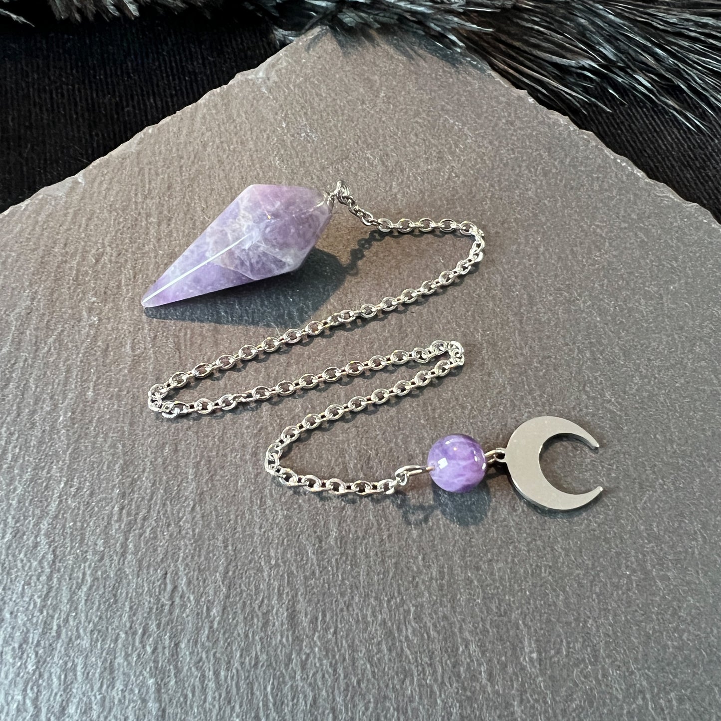 Stainless steel amethyst and Moon crescent pendulum Baguette Magick