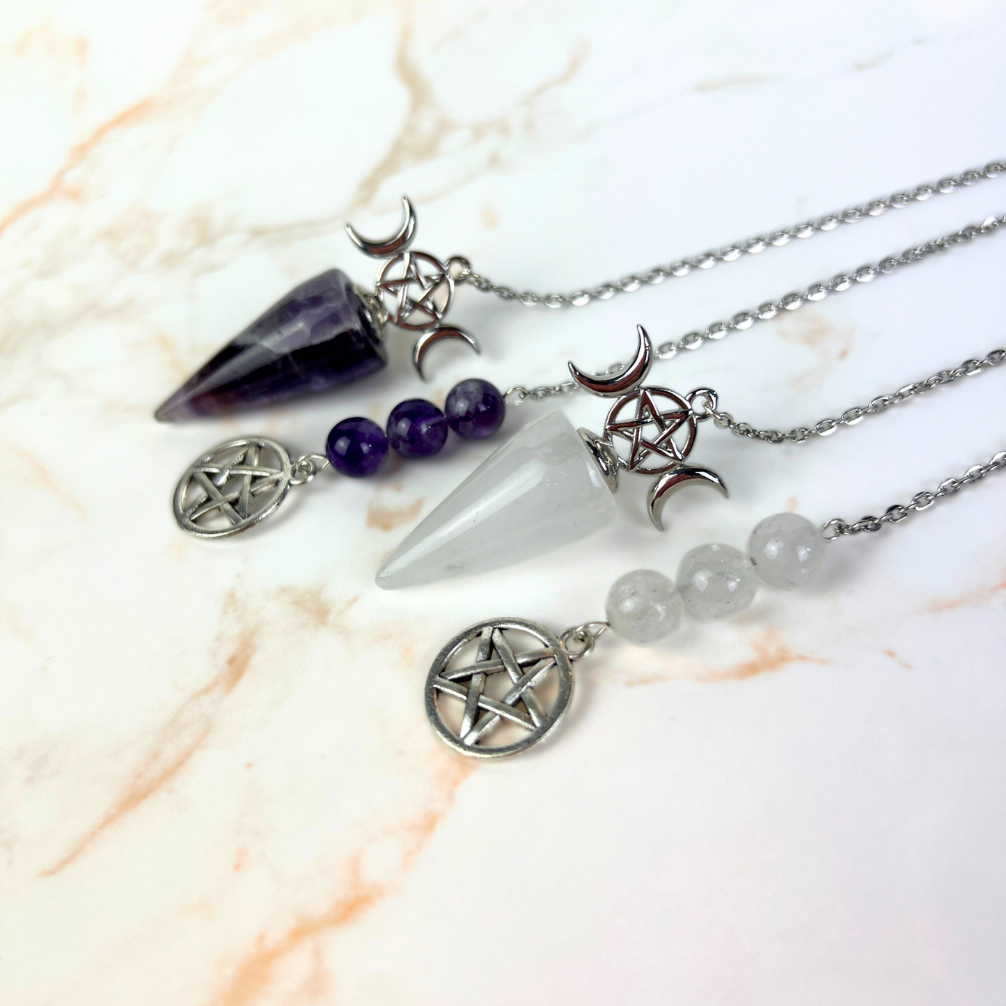 Pendule de radiesthésie Triple Lune et Pentacle quartz clair ou améthyste